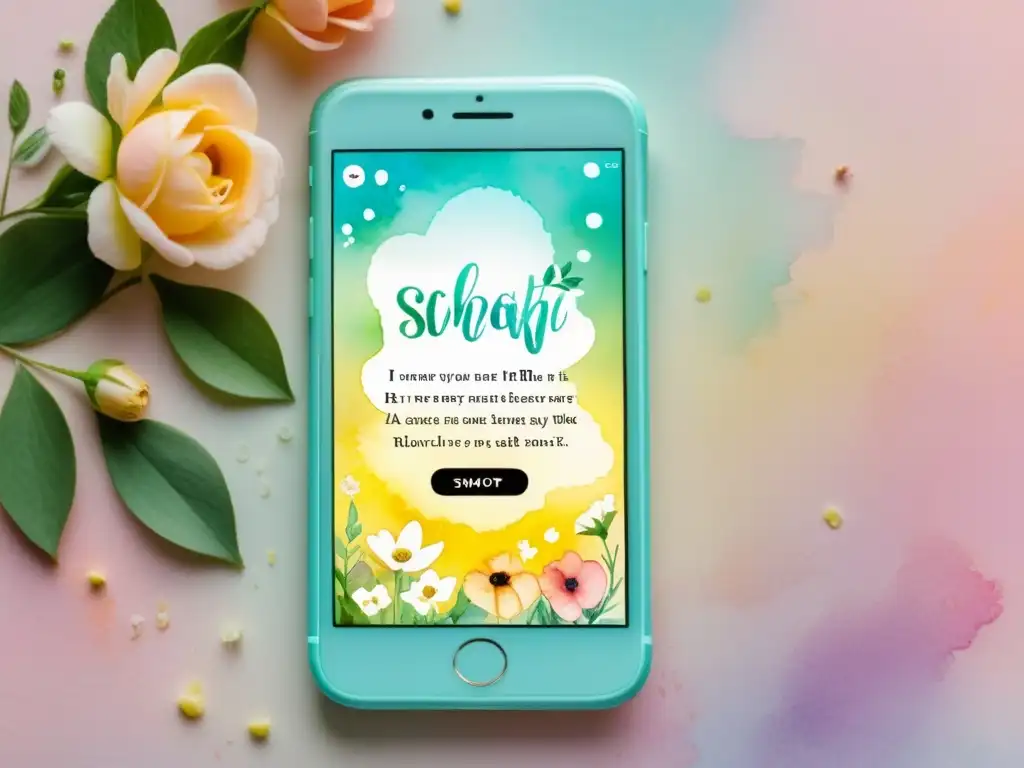 Una ilustración en acuarela de un screen de Snapchat con poesía en elegante caligrafía rodeada de flores acuarelas