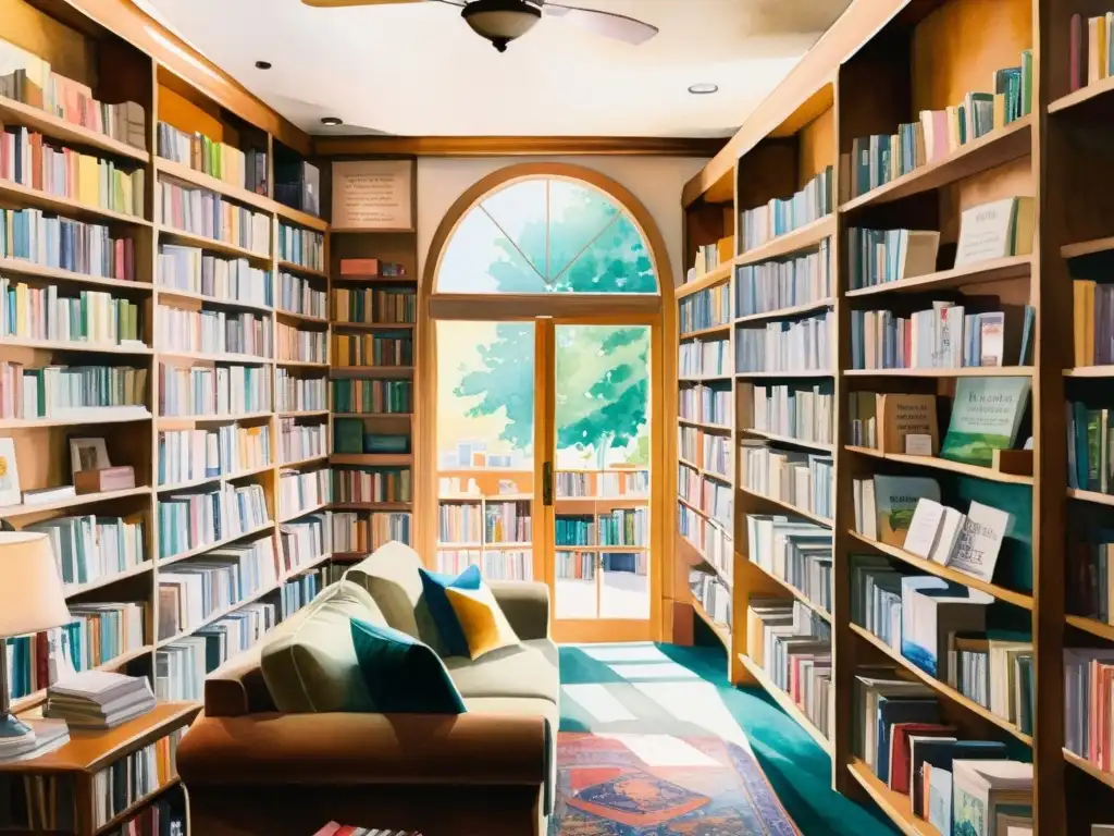 Una acuarela serena de una bulliciosa librería, con luz solar que ilumina estanterías llenas de revistas literarias y antologías de poesía