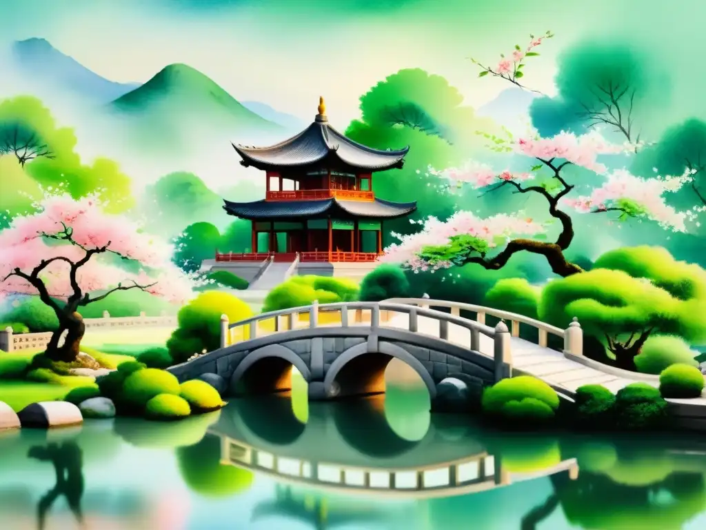 Pintura acuarela de jardín chino tradicional Acuarela serena de jardín chino tradicional con puente de piedra, estanque tranquilo, árboles de cerezo en flor y pagoda entre exuberante vegetación