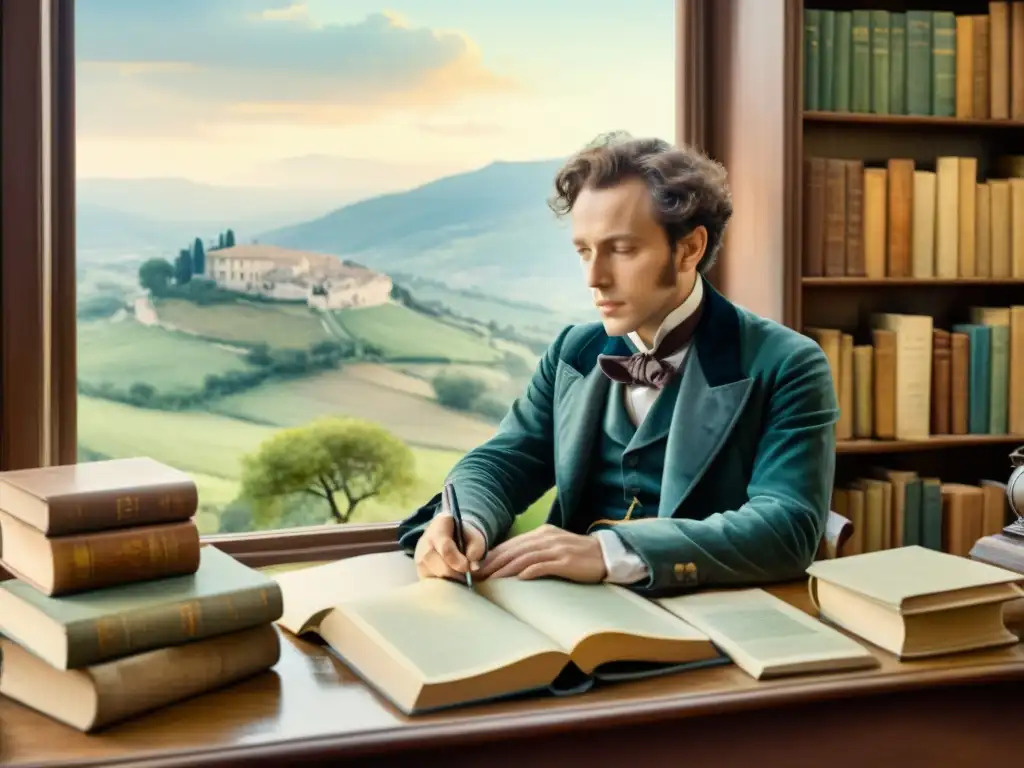 Una acuarela serena de Giacomo Leopardi en su escritorio, rodeado de libros, con expresión melancólica y vista a un bello paisaje italiano