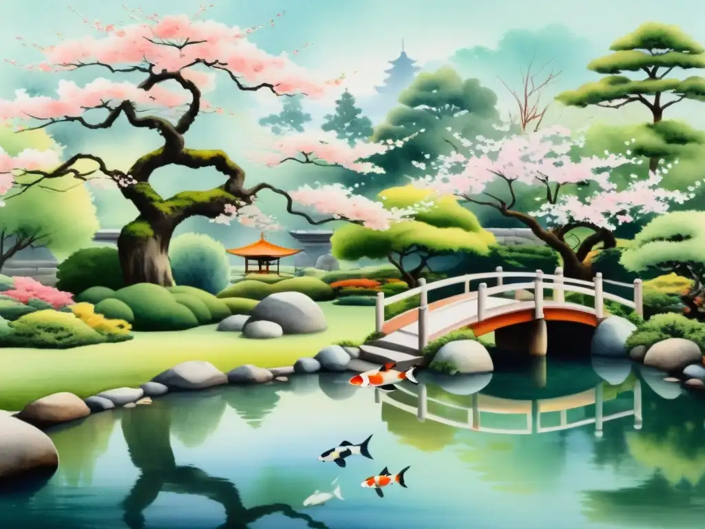 Acuarela serena de jardín japonés con cerezo en flor, estanque de peces koi y pagoda entre exuberante vegetación