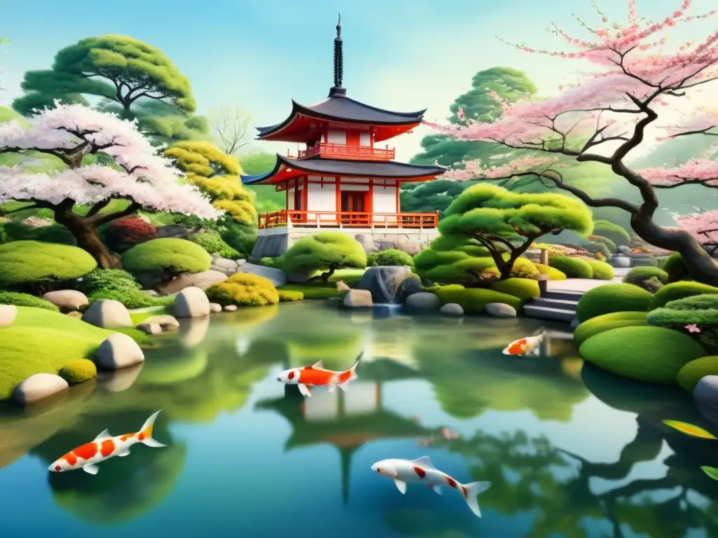 Acuarela serena de jardín japonés con estanque, peces koi, sakuras y pagoda