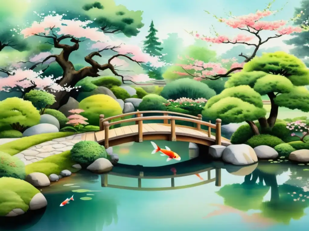 Acuarela serena de jardín japonés con estanque, koi, cerezos en flor y puente de madera