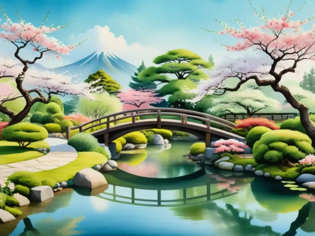 Acuarela serena de jardín japonés con puente arqueado y cerezos en flor, evocando estilos poesía medieval japonesa