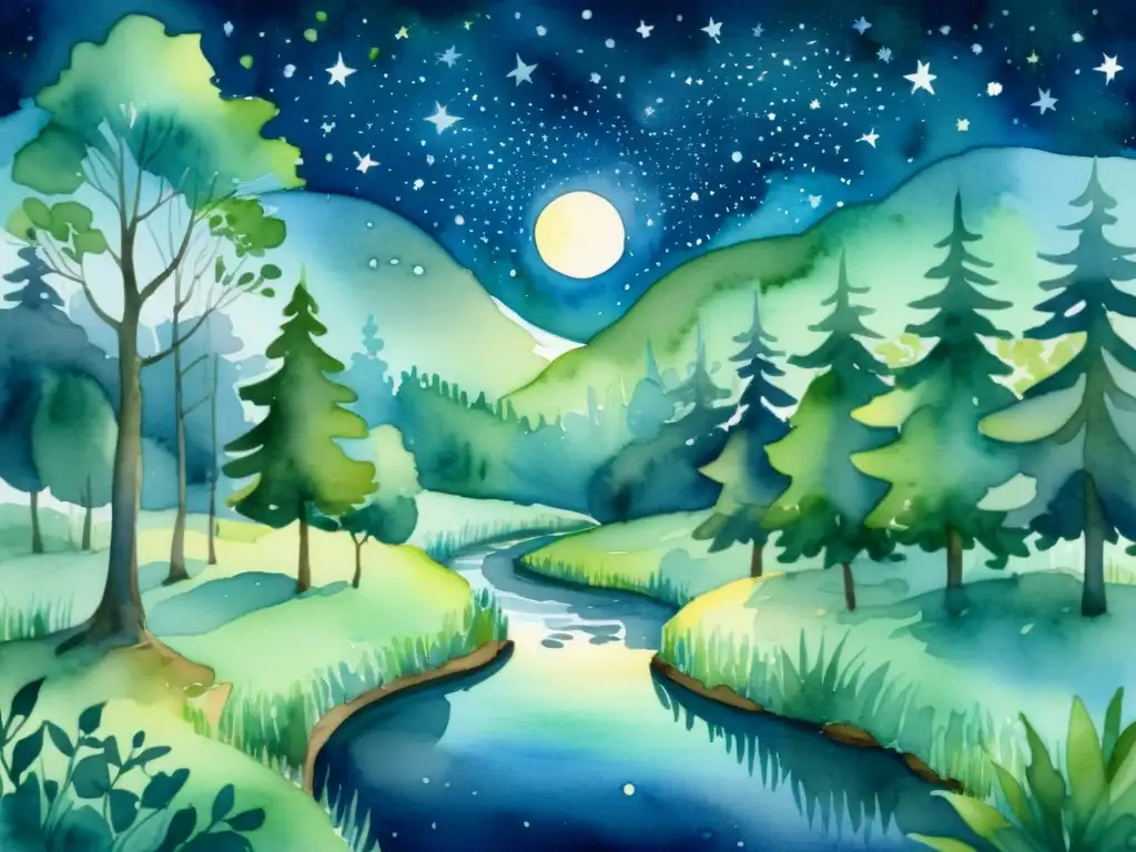 Una ilustración en acuarela de una serena noche iluminada por la luna en un exuberante bosque