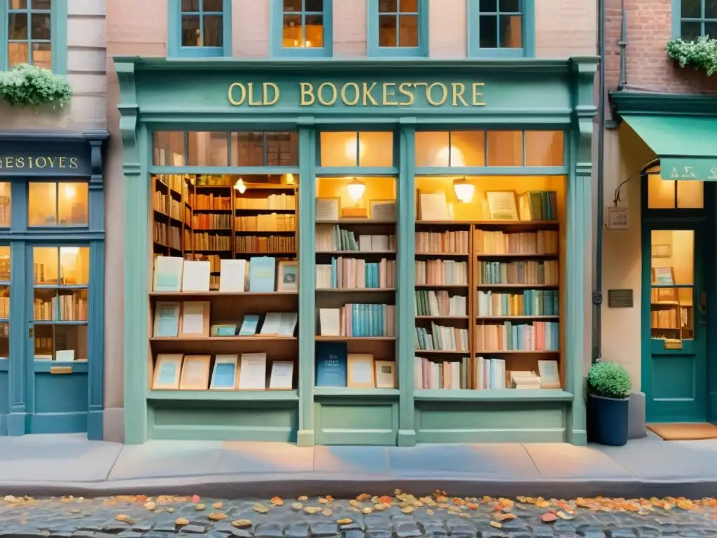 Una acuarela serena y onírica de una pintoresca librería antigua en un callejón empedrado