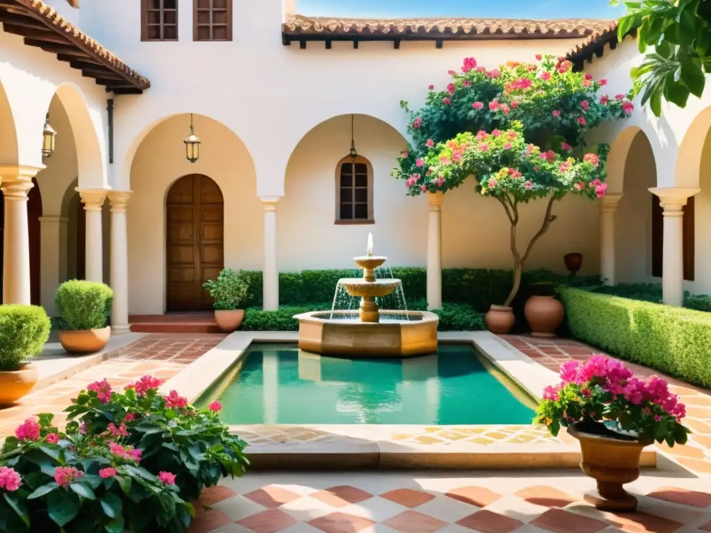 Una acuarela serena de un patio español con patrones de azulejos, bougainvillea floreciente y vegetación exuberante