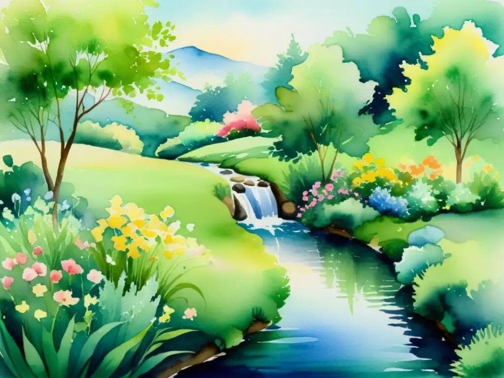 Pintura acuarela: Jardín sereno y flores vibrantes Una acuarela serena de un jardín tranquilo, con flores vibrantes y un arroyo suave, crea una atmósfera etérea
