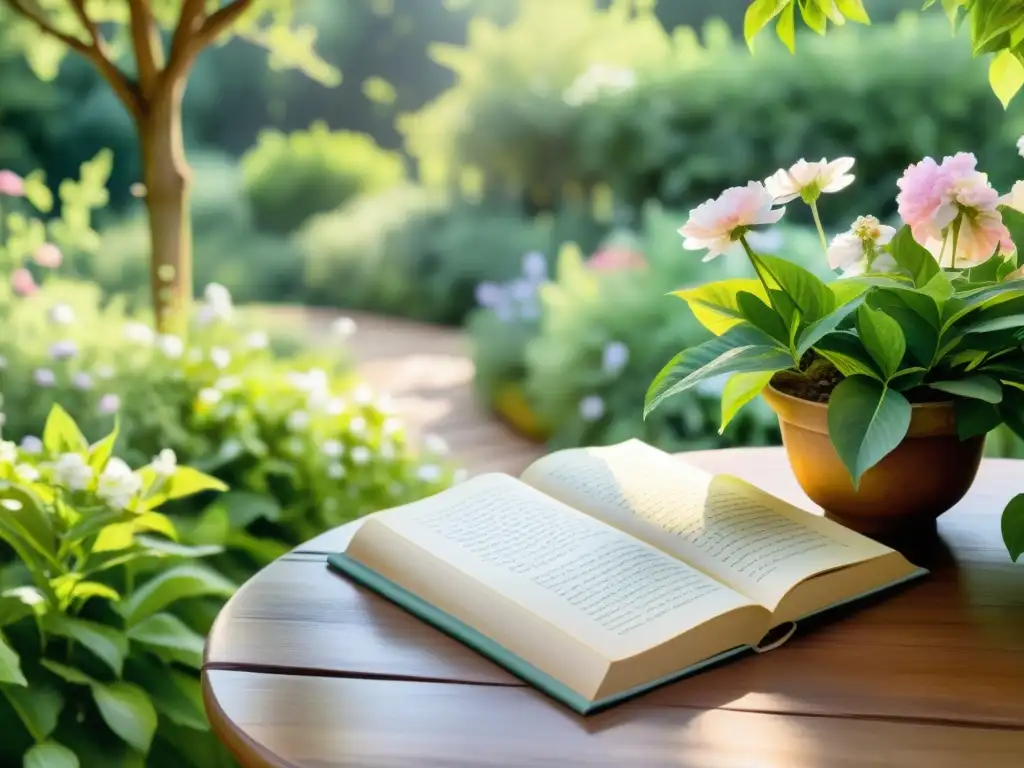 Una acuarela serena de un jardín tranquilo iluminado por el sol, con un sendero que conduce a una mesa rústica rodeada de flores