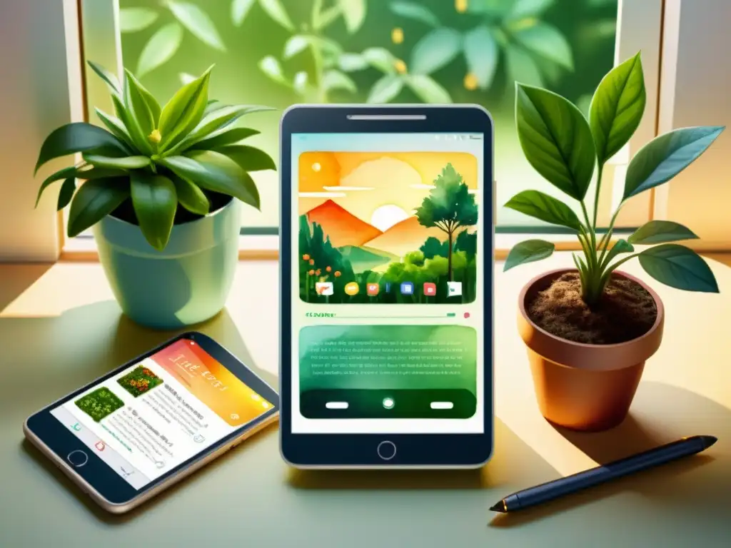 Acuarela de smartphone y tablet con aplicaciones para componer poesía, rodeados de plantas, creando ambiente creativo y acogedor