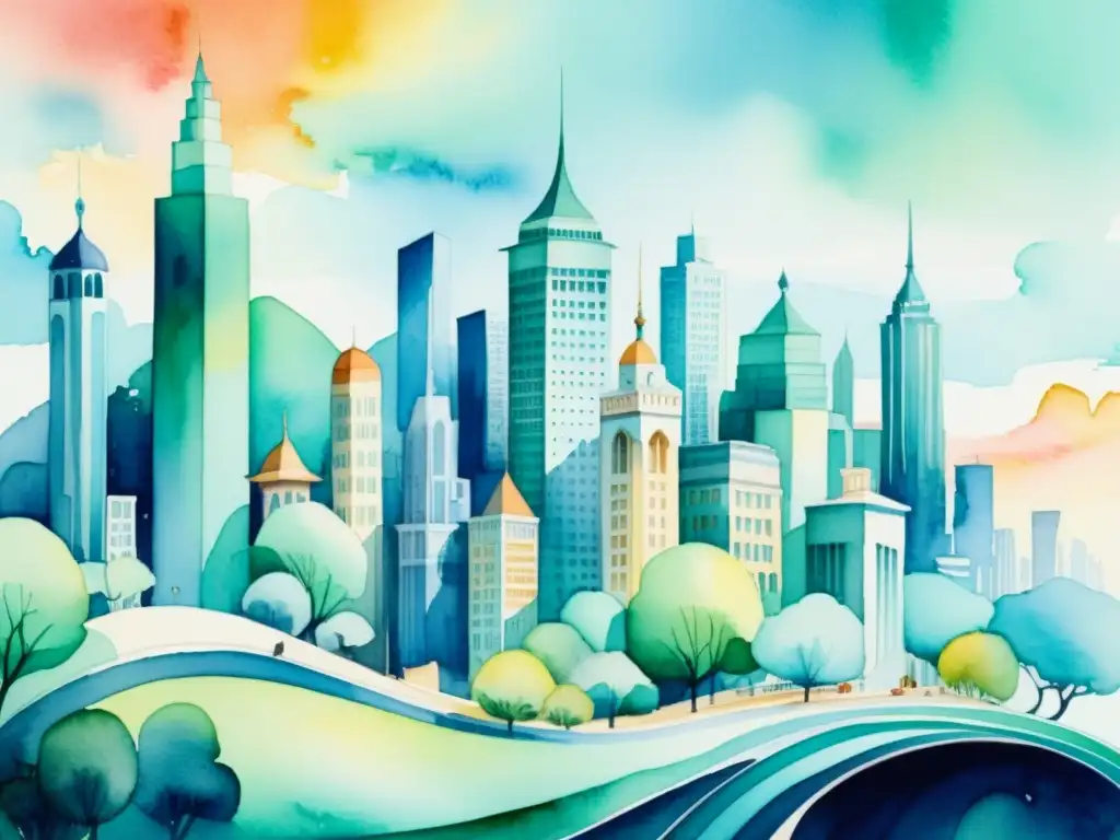 Acuarela surrealista de una ciudad construida con figuras de construcción poética, evocando creatividad e imaginación