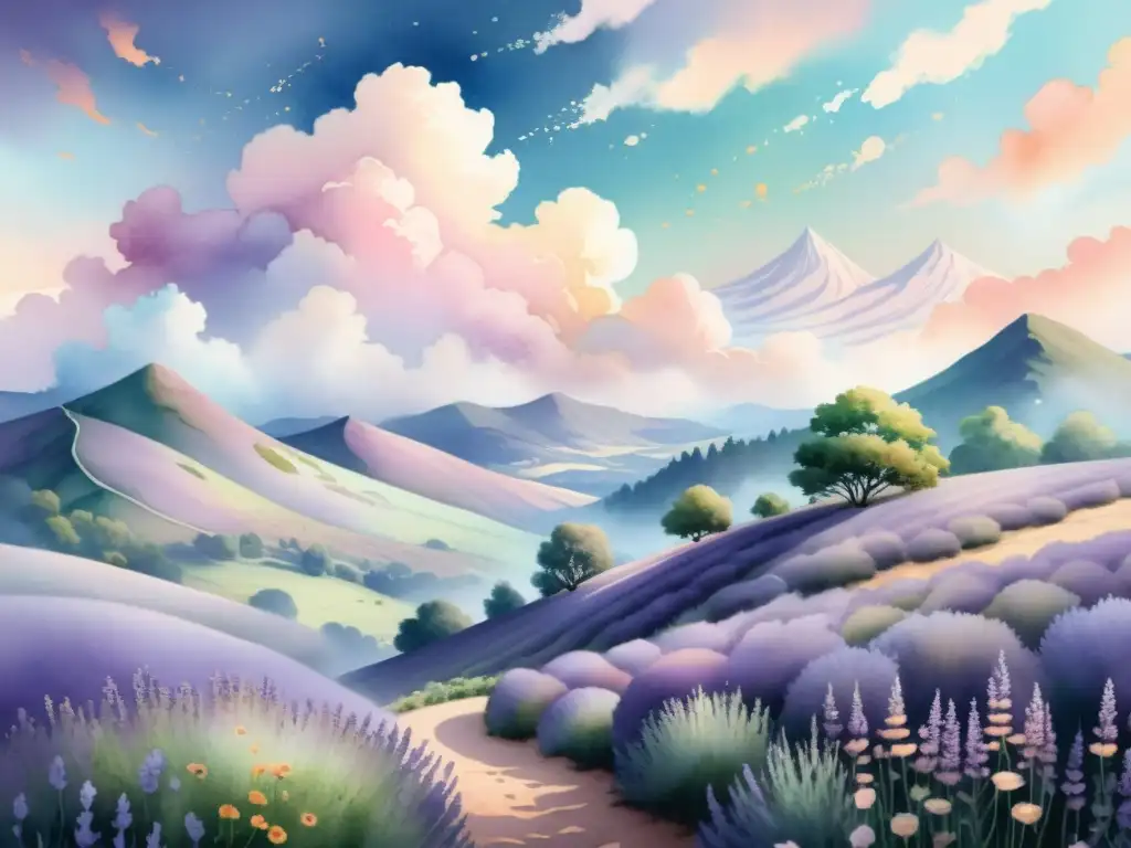 Una ilustración en acuarela del valor de un poema NFT: un paisaje vibrante y etéreo con nubes iridiscentes, colinas y flores pastel