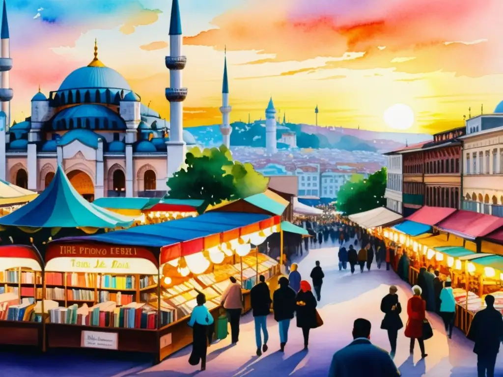 Una acuarela vibrante de la bulliciosa Feria del Libro de Estambul, con puestos coloridos, una multitud diversa y la arquitectura histórica