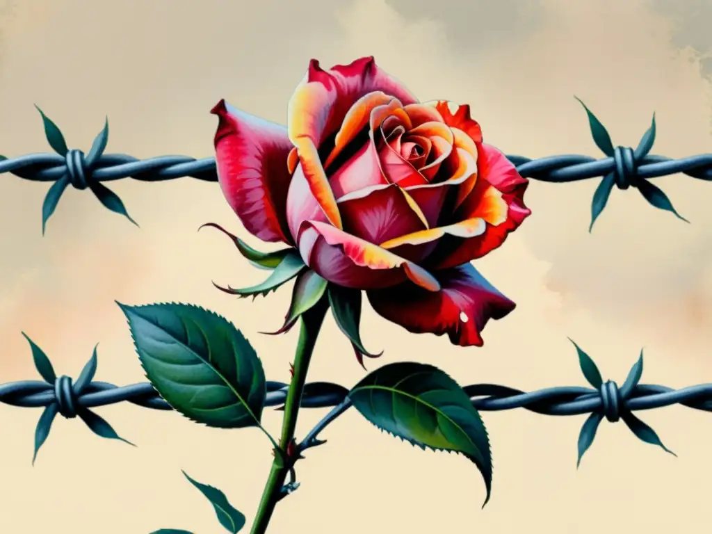 Rosa floreciente entre alambres: fuerza poética femenina en América Latina Acuarela de rosa vibrante enrejada con alambre de púas, simbolizando la resistencia y fortaleza de la poesía feminista latinoamericana