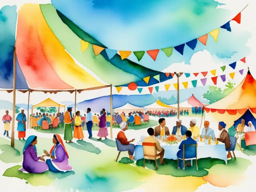 Una acuarela vibrante retrata un festival de poesía con personas de diferentes culturas, en un ambiente festivo y diverso