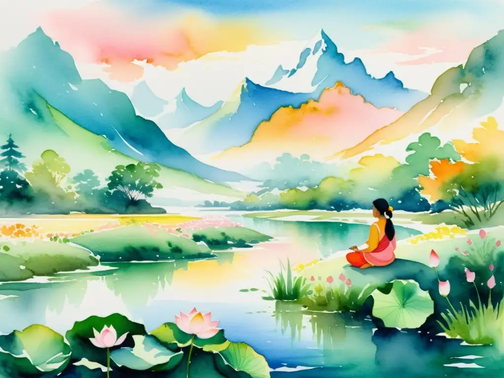 Acuarela vibrante de paisaje antiguo de la India con río, montañas nevadas y figura meditando entre flores de loto, capturando la esencia espiritual del Bhagavad Gita