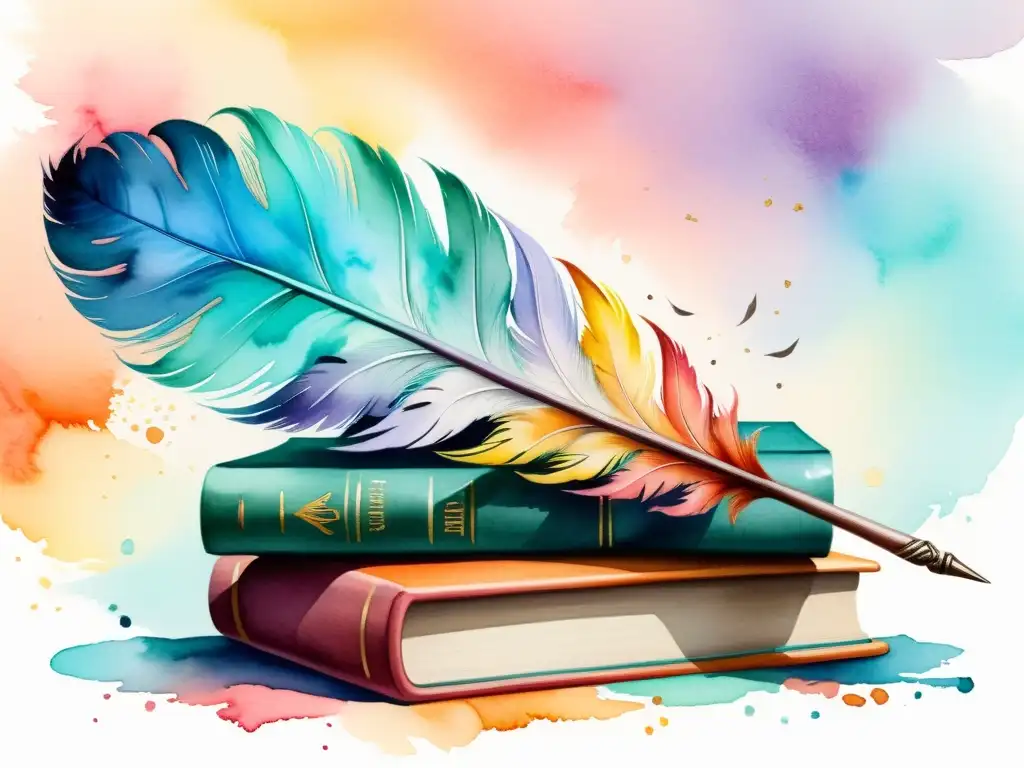 Una ilustración en acuarela vibrante de una pluma y libros, con un fondo de colores pastel