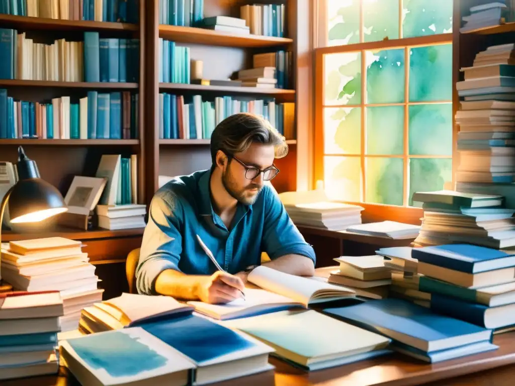 Una acuarela vibrante de un poeta rodeado de libros y papeles, con luz cálida que crea una atmósfera serena e inspiradora