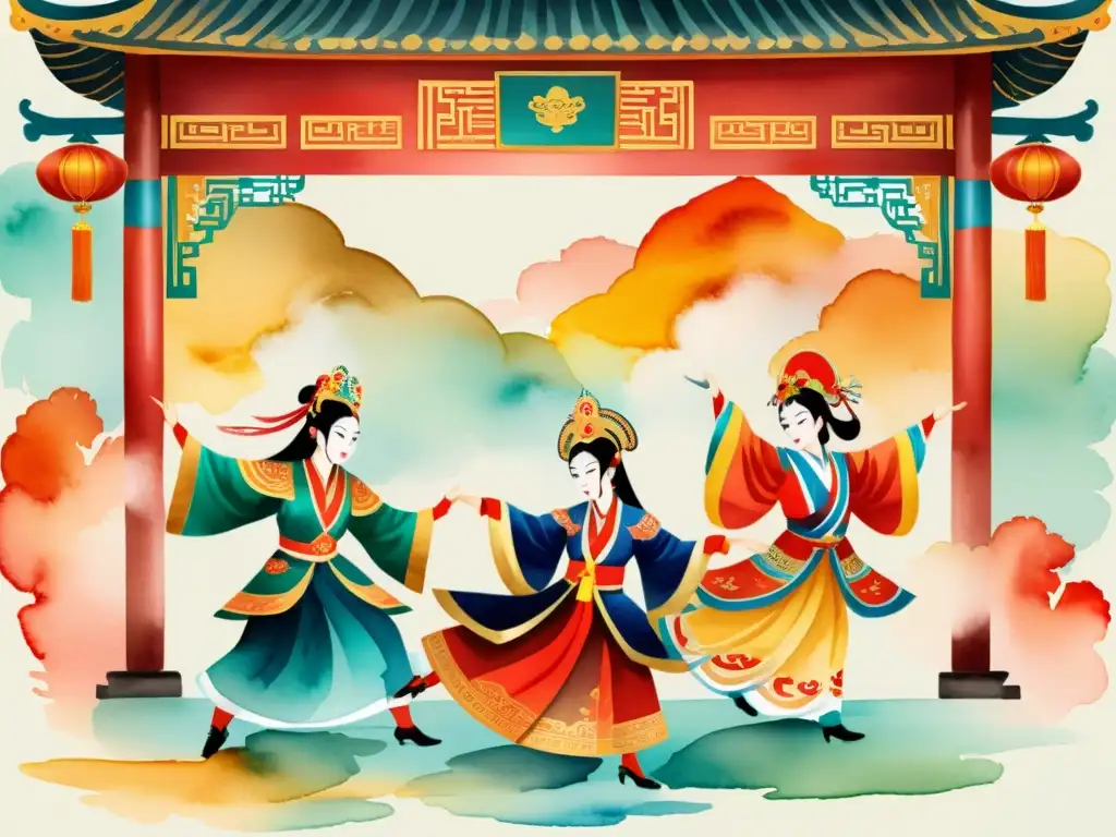 Una ilustración acuarelada de un escenario de ópera china tradicional, con trajes ornamentados y una narrativa poética en óperas chinas traducidas