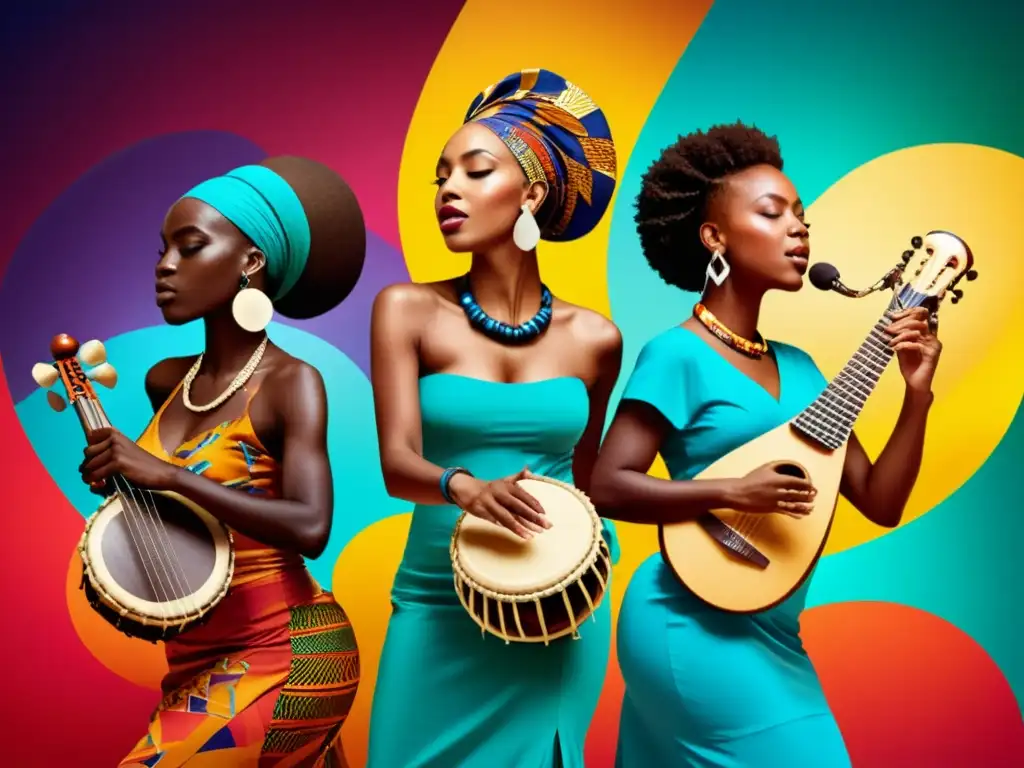 Fusión de poesía africana y música mundial: Grupo de músicos diversos tocando instrumentos tradicionales y modernos en un ambiente vibrante y dinámico