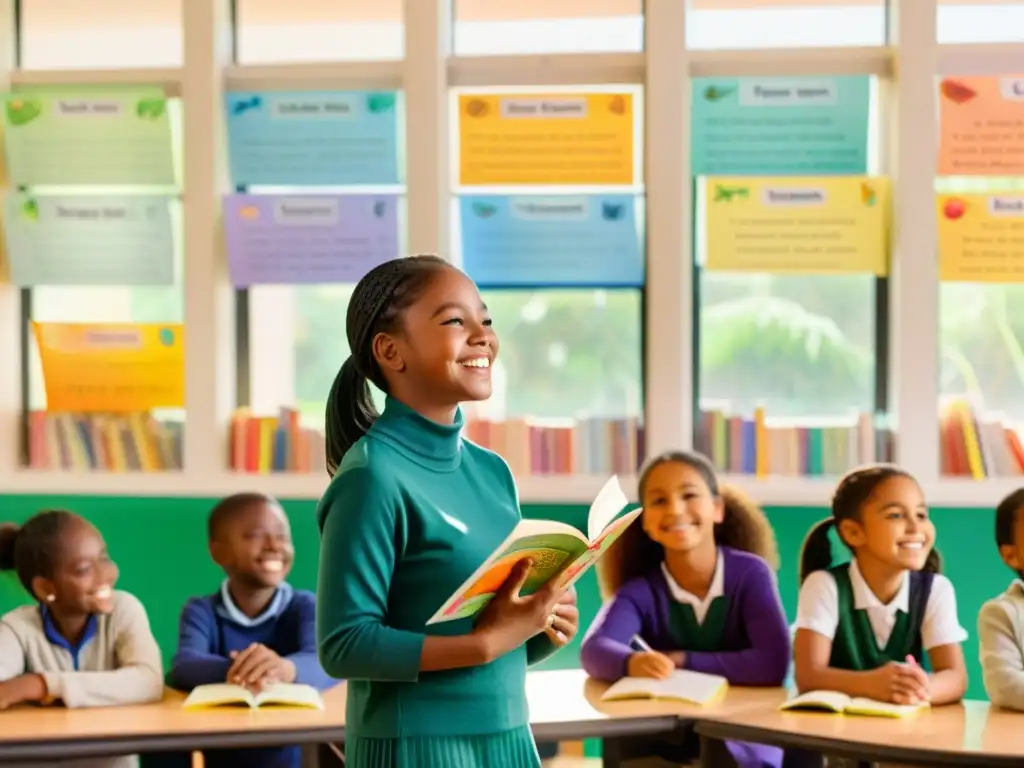 Alegre aula de poesía: estudiantes de diferentes edades y orígenes aprenden idiomas a través de poesía, con profesor sonriente y ambiente acogedor