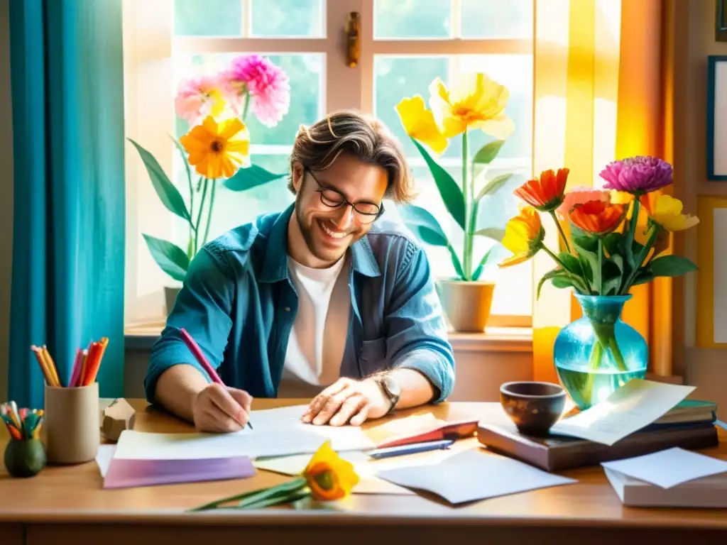 Alegre poeta crea poesía ingeniosa rodeado de papel y luz, reflejando el impacto del humor en poesía