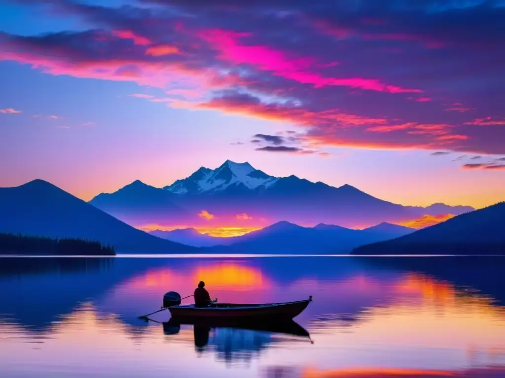 Un amanecer impresionante sobre un lago tranquilo, con tonos vibrantes de rosa, naranja y dorado reflejándose en el agua