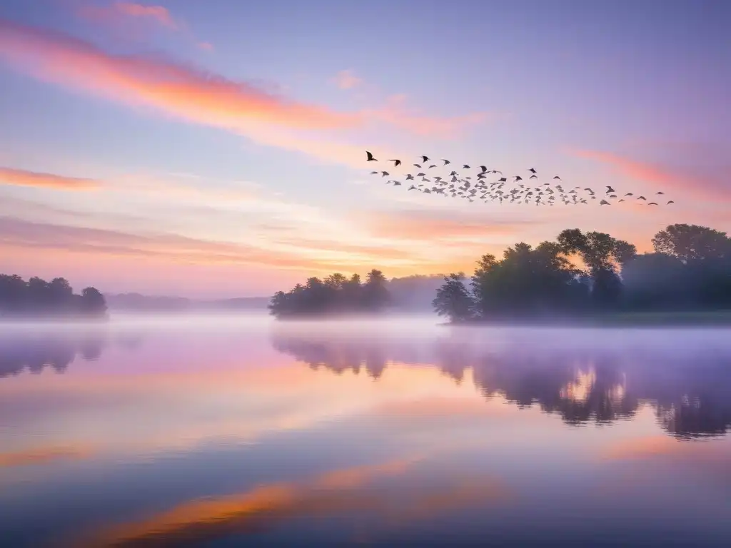 Un amanecer sereno y brumoso con aves en vuelo sobre un lago tranquilo y reflexivo