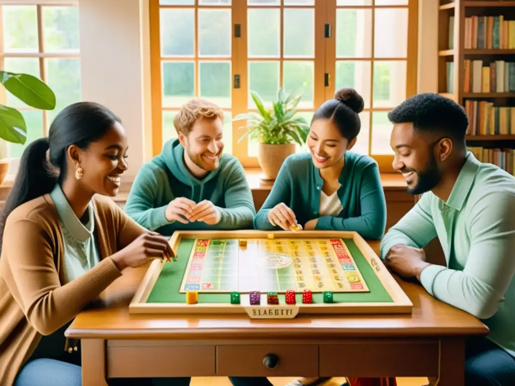 Un ambiente acogedor con un juego de mesa poético, personas disfrutando de la conversación y la diversión mientras la luz natural inunda la habitación