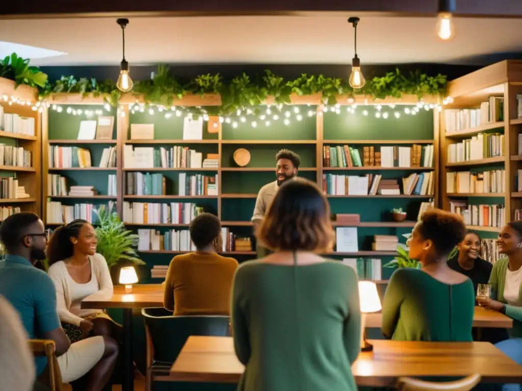 Un ambiente íntimo y cálido en un café, donde un poeta recita versos apasionadamente