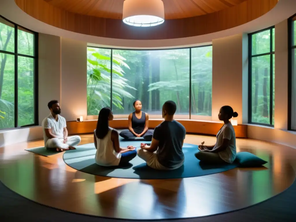 Meditación y poesía: un refugio sereno y contemplativo Un ambiente sereno iluminado por la luz natural, donde las personas meditan en círculo, rodeadas de poesía inspiradora