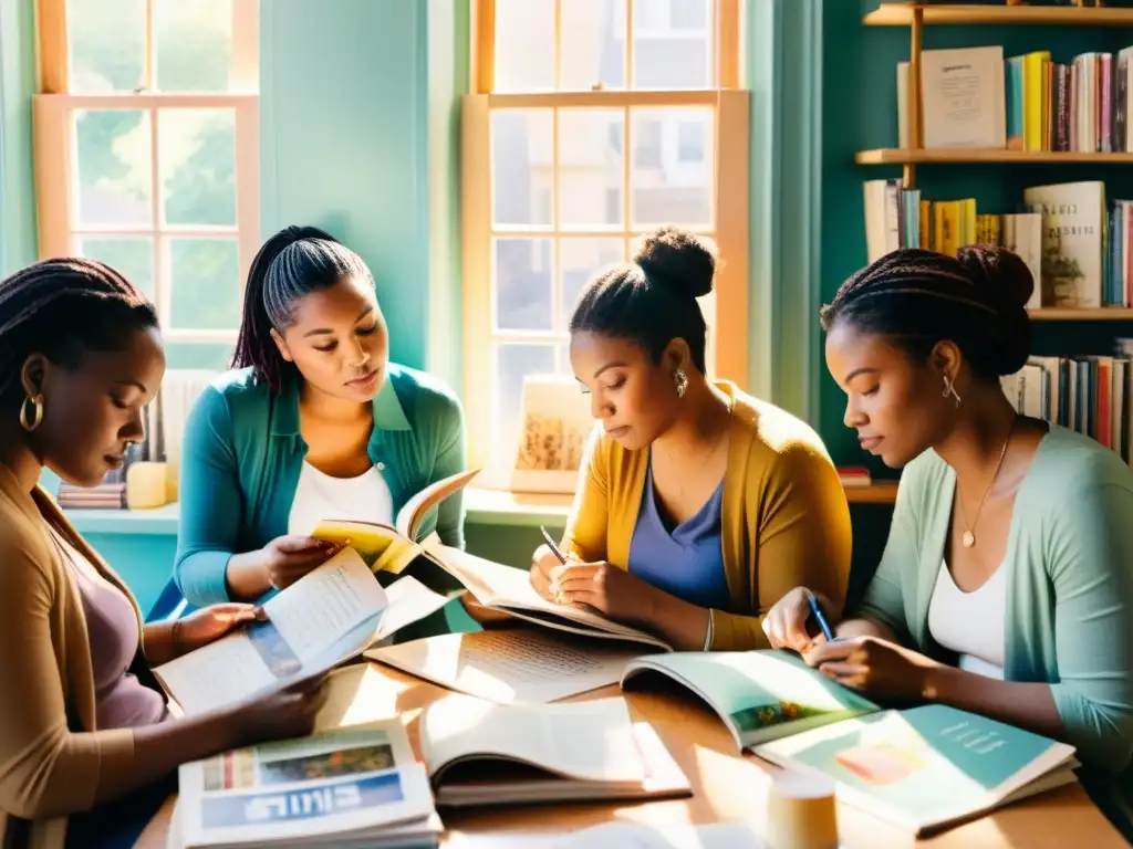 Un ambiente soleado y acogedor en el que un grupo diverso de mujeres poetas se reúne para leer, escribir y discutir poesía, rodeadas de revistas de poesía femenina vibrantes