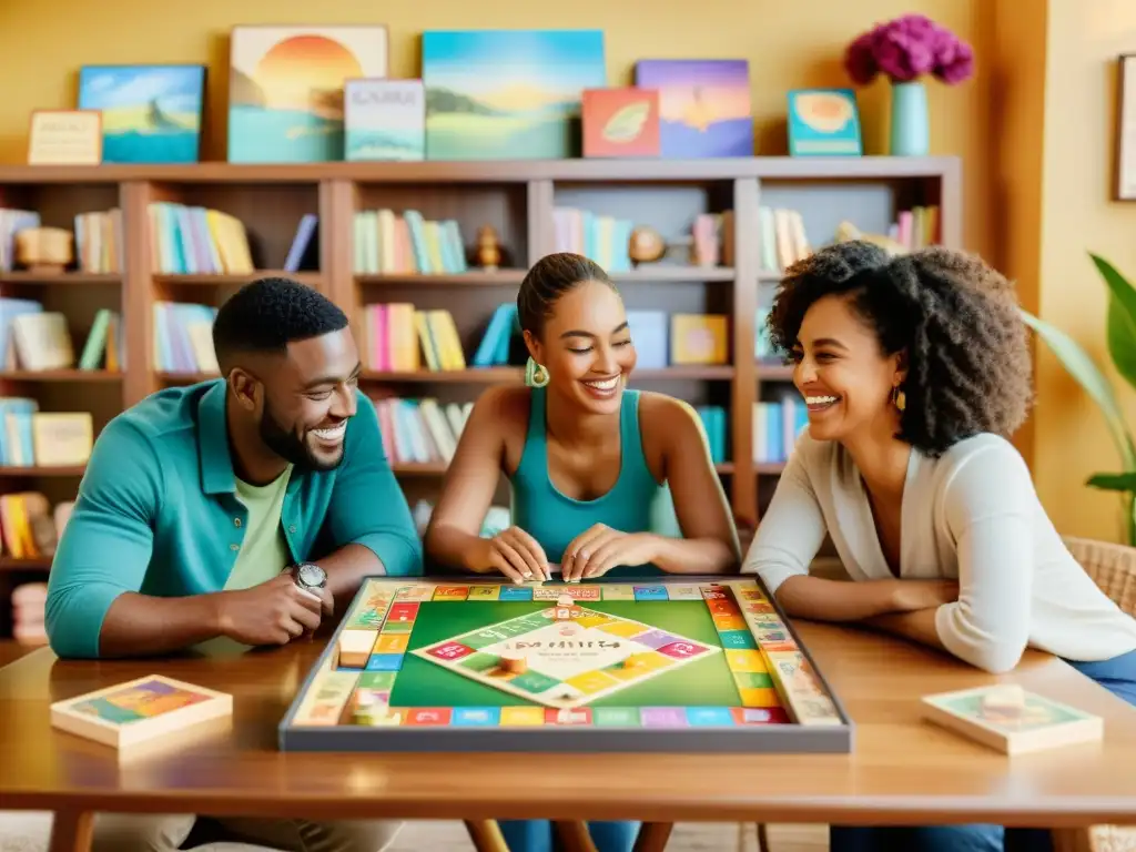 Amigos disfrutando de un juego de mesa poético rodeados de libros y arte, creando una atmósfera acogedora y cálida