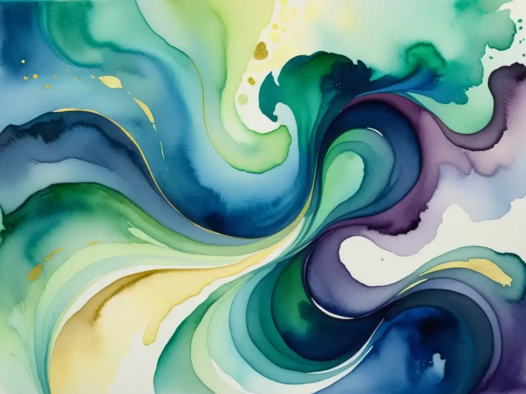 Acuarela abstracta: mezcla de azules, morados y verdes Análisis poesía visual impacto sensorial: Cuadro acuarela vibrante, mezcla de azules, morados y verdes con destellos dorados y plateados, evocando fluidez y movimiento en dinámicos trazos de luz y sombra