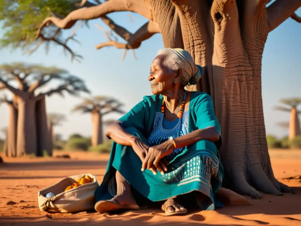 Una anciana africana teje una colorida tela debajo de un baobab, reflejando la poesía en la vida cotidiana africana