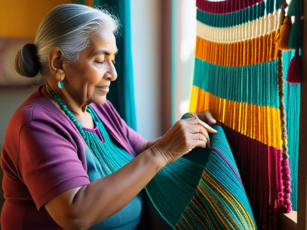 Una anciana teje con cuidado un tapiz vibrante, reflejando la rica y diversa naturaleza de la poesía iberoamericana, mientras la luz del sol resalta los detalles de su labor artística