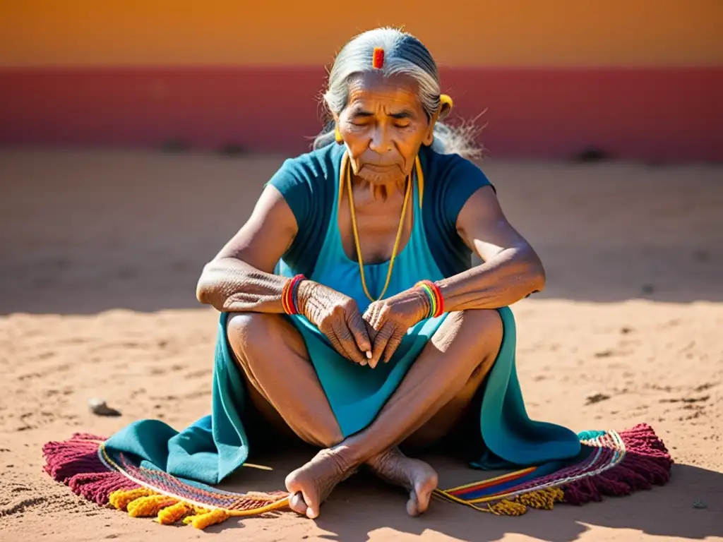 Una anciana indígena teje con destreza un legado inmaterial de poesía indígena, iluminada por la cálida luz del atardecer