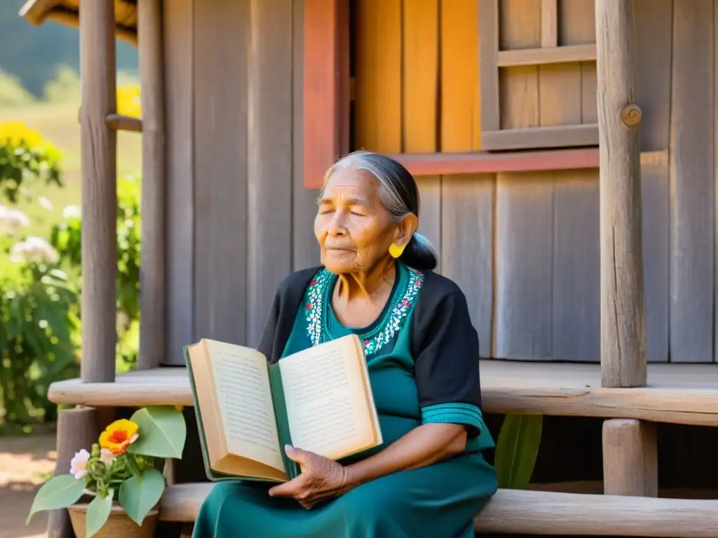 Una anciana indígena reflexiona con un libro de poesía en la mano, rodeada de naturaleza exuberante y una casa de madera rústica