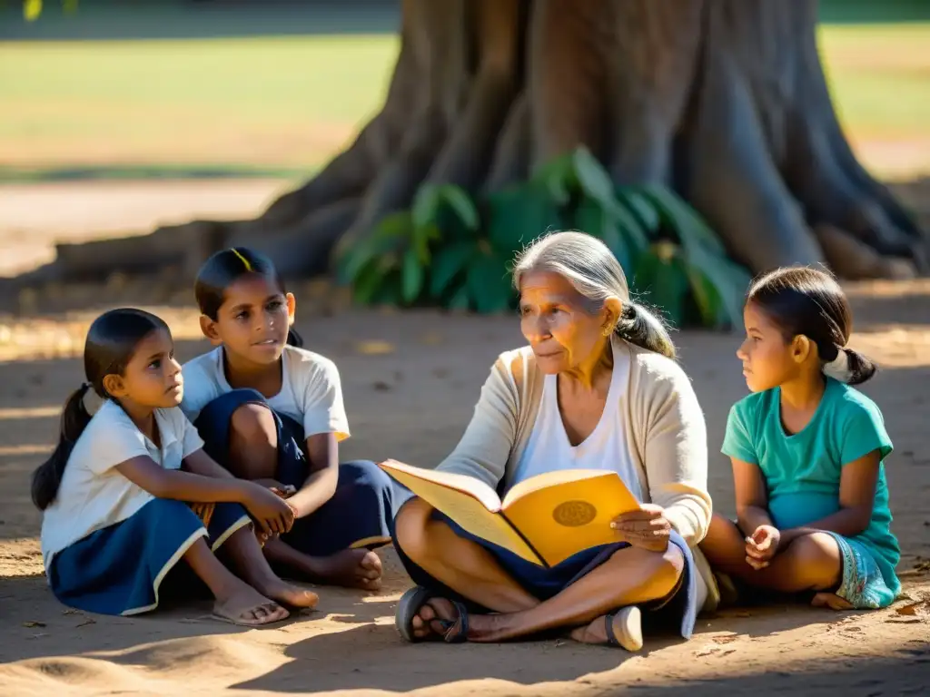 Una anciana indígena comparte poesía tradicional oralidad con niños bajo un árbol