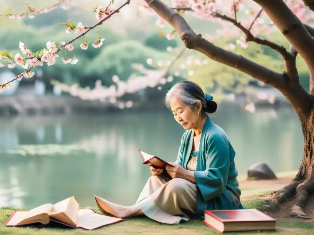 Retrato sereno: anciana asiática escribiendo bajo un cerezo Una anciana mujer asiática escribe caligrafía bajo un cerezo en flor, rodeada de libros antiguos