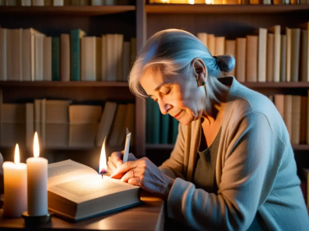 Una anciana escribiendo poesía en una habitación tenue, rodeada de libros y una vela