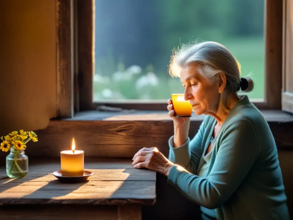 Una anciana encuentra poesía en la vida cotidiana mientras toma té en su rústica cocina iluminada por una vela