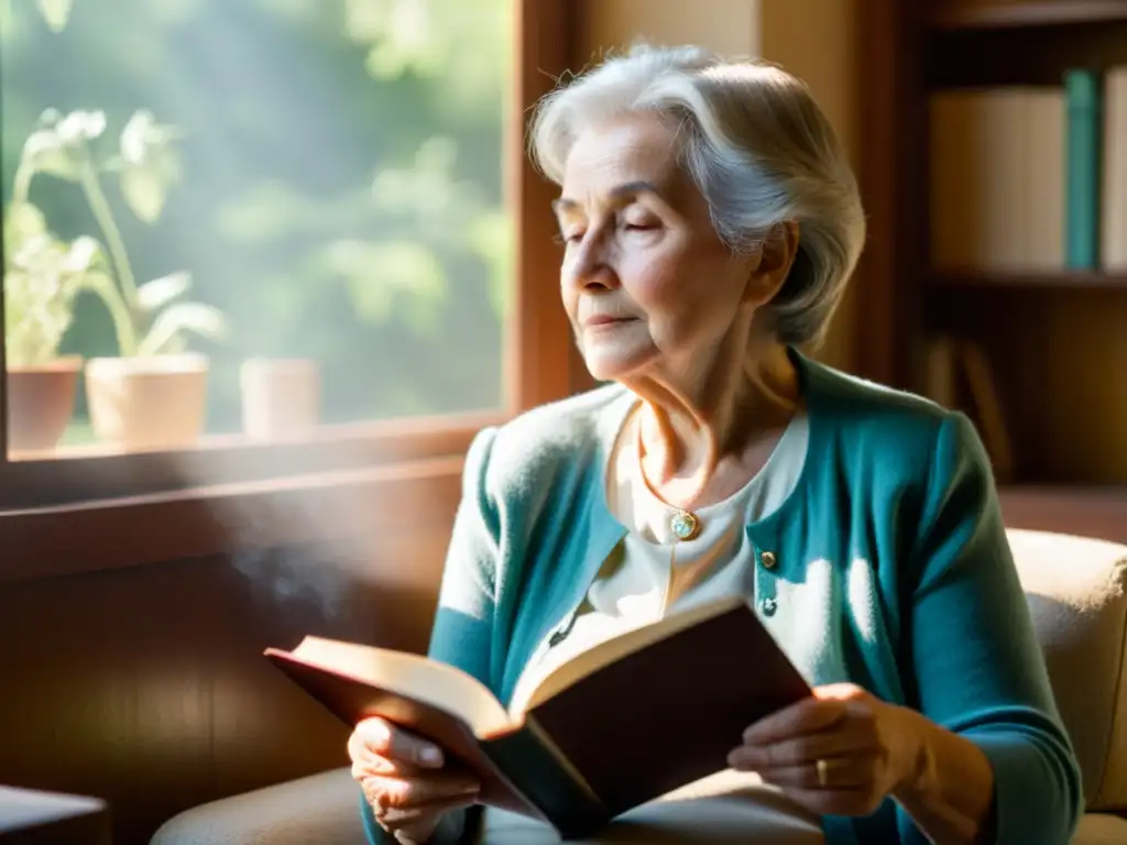 Una anciana disfruta de la serenidad de su habitación, rodeada de libros, sosteniendo un diario