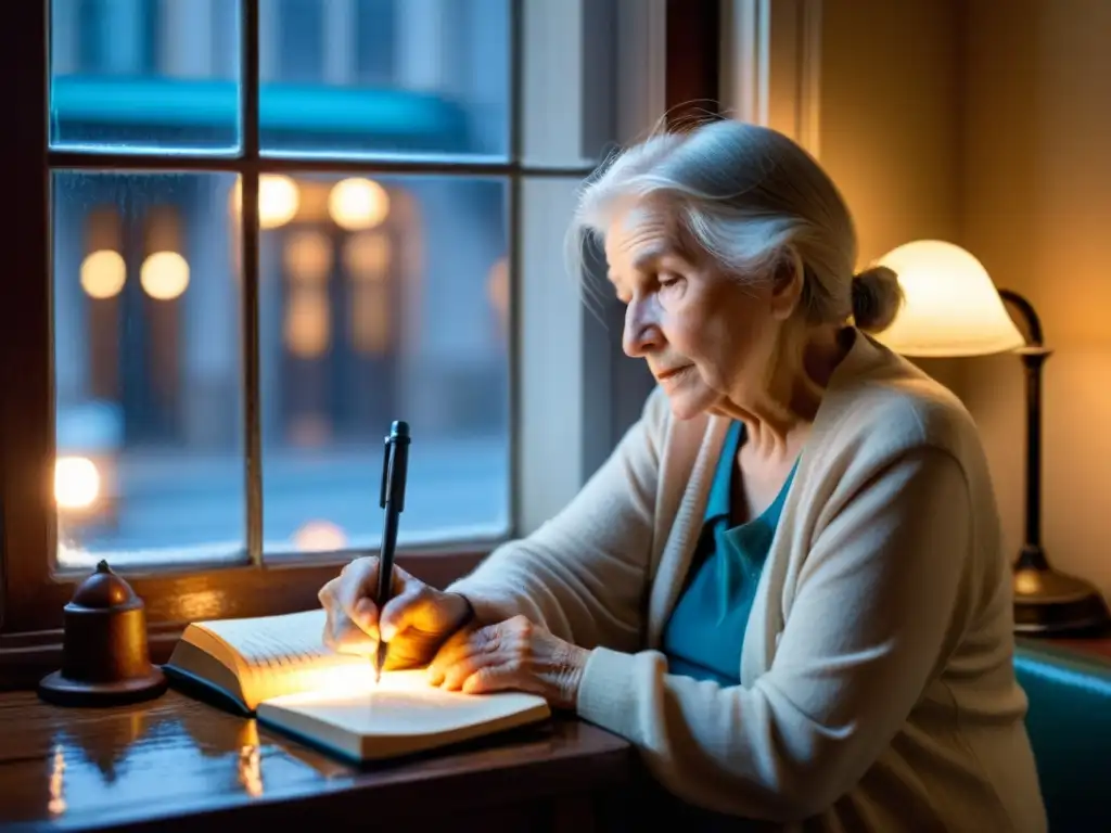 Una anciana escribe poesía en tiempos de confinamiento, inspirada por la lluvia en la ventana