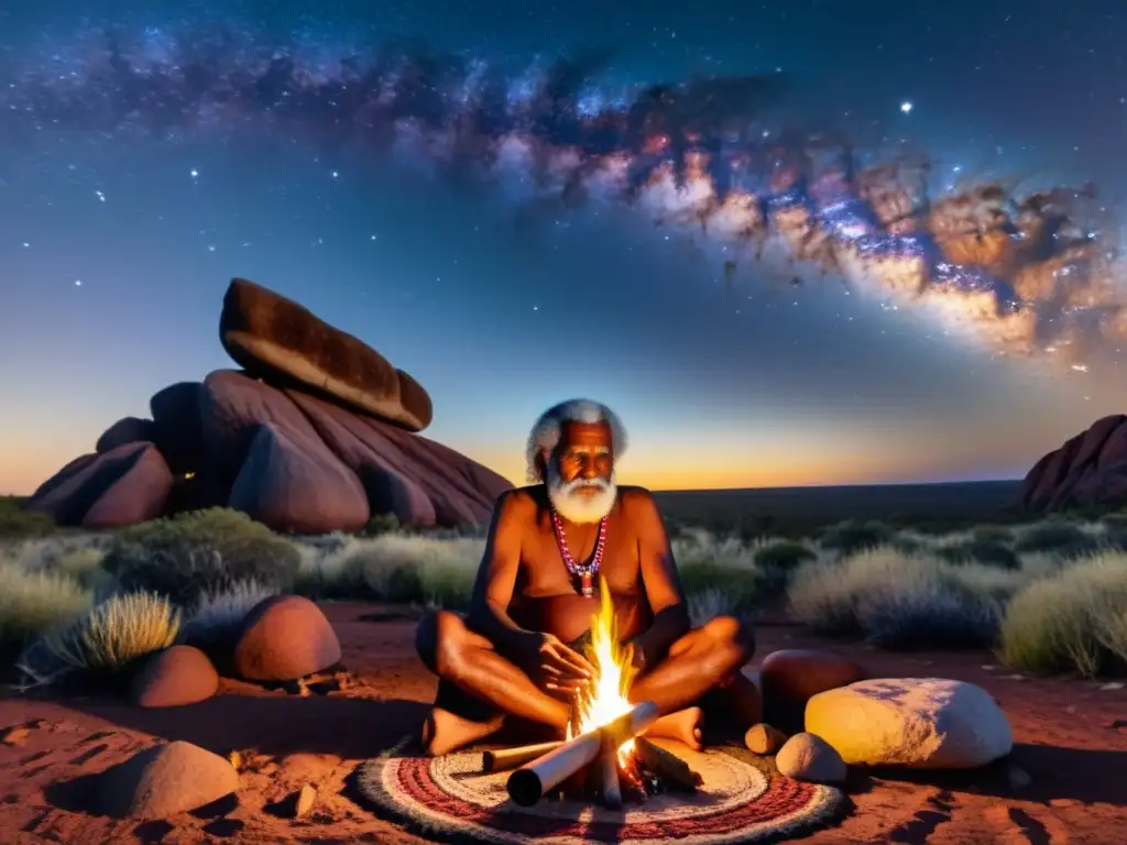Aborigen Australiano comparte historias del Dreamtime alrededor del fuego Un anciano aborigen australiano comparte poesía indígena del tiempo del sueño junto a una fogata bajo un cielo estrellado, rodeado de arte ancestral
