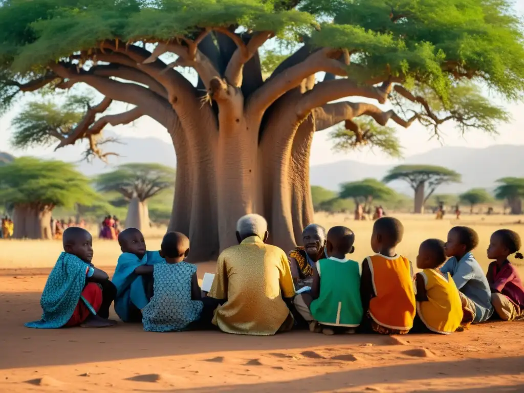 Un anciano africano recita poesía bajo un baobab, rodeado de niños en una vibrante aldea