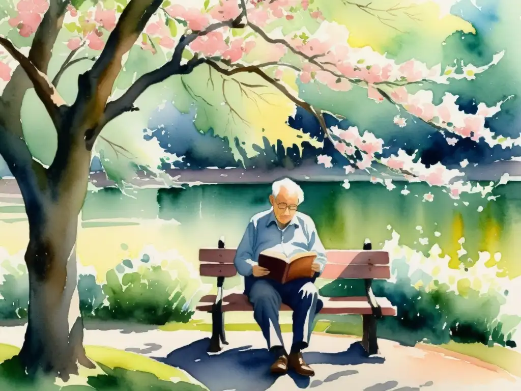Un anciano lee poesía bajo cerezos en flor, evocando el arte de recordar versos poesía en una escena nostálgica y tranquila