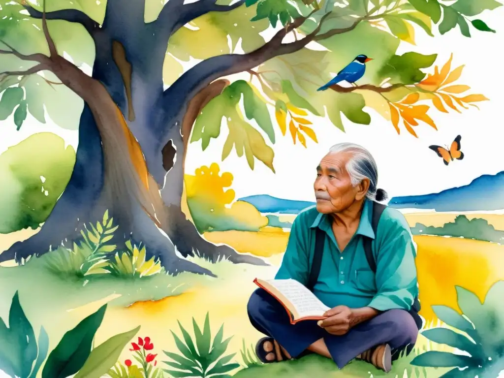 Un anciano indígena se sienta bajo un árbol con un libro de poesía