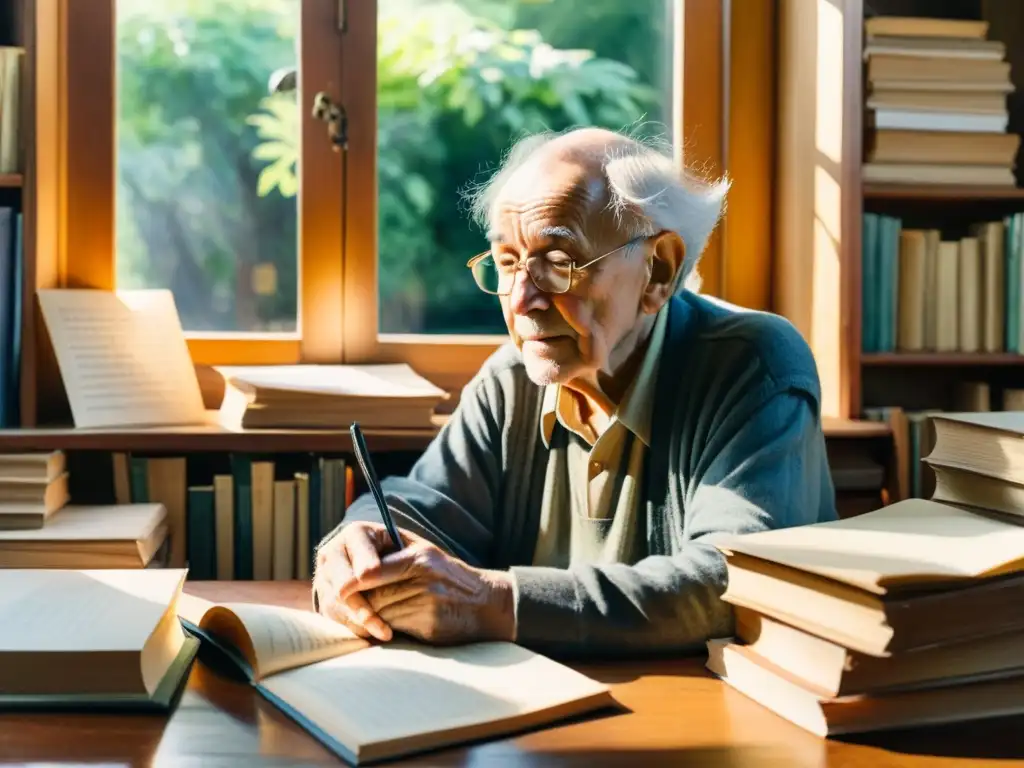 Un anciano poeta reflexiona en su escritorio, rodeado de libros, bajo la cálida luz del sol