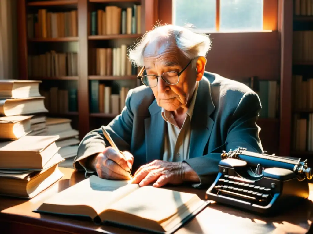 Un anciano poeta se sumerge en la escritura, rodeado de libros y papeles